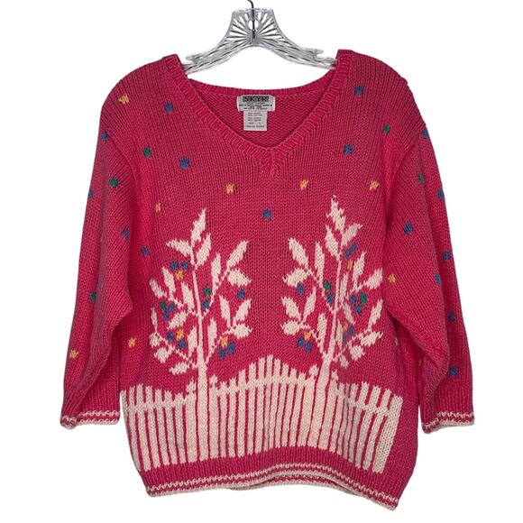 Vintage 80s SKYR Tree Knit Sweater Ramie Cotton Confetti Cottagecore Medium - Picture 2 of 16